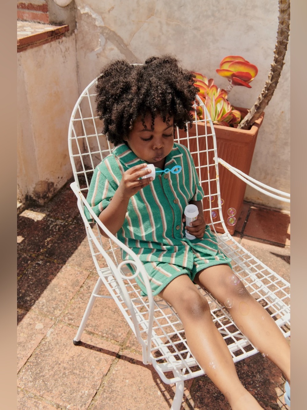Louise Misha Boys Alov Terry Striped Shirt Size 4Y Green Grass Cypress Button